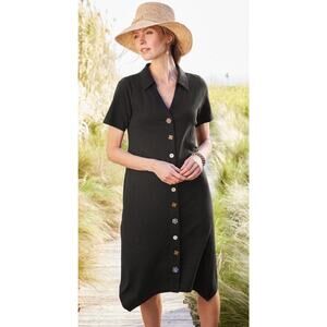 NWT Soft Surroundings Dress Womens Sz PM Black Danielle Button Short Sleeve Midi